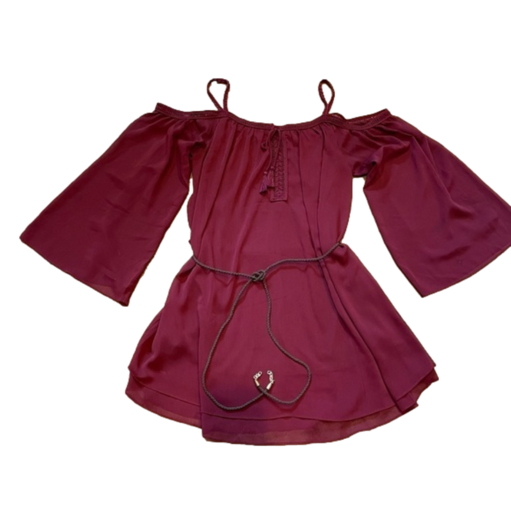 DOUBLE Zero maroon cold shoulder Dress with bell sleeves and waist braided tie S
